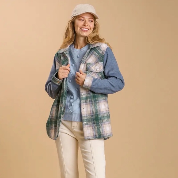 New UMGEE Plaid Flannel Fringe Shacket Magenta Green Snap Up Corduroy Sleeves - Picture 8 of 10